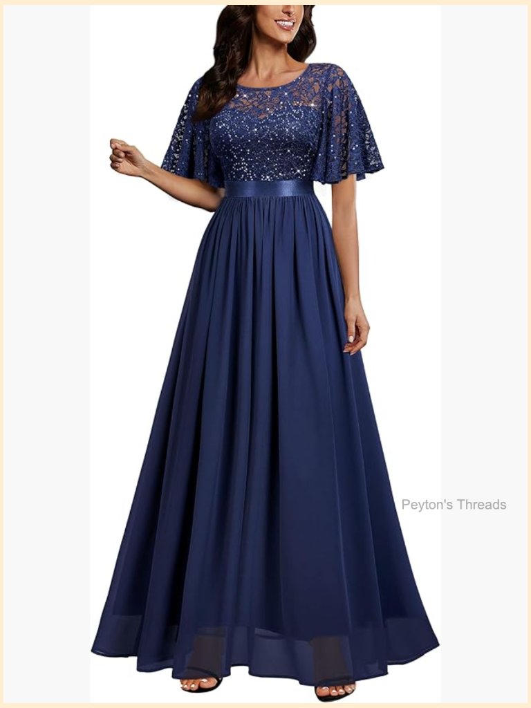 Sequin Lace Butterfly Sleeve Scoop Neck Maxi Dress Formal Evening Party